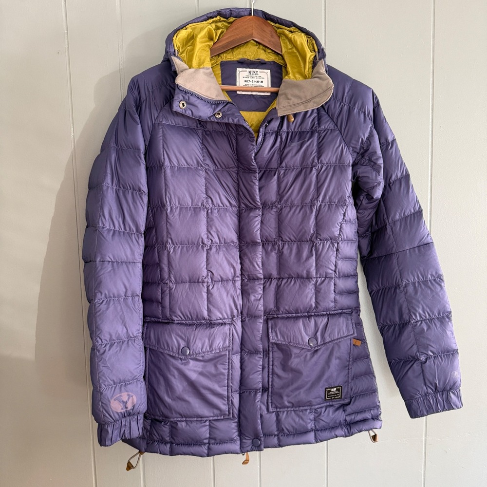 Nike Purple Yellow 800 Fill Down Hooded Puffer Jacket Womens M 543735-499